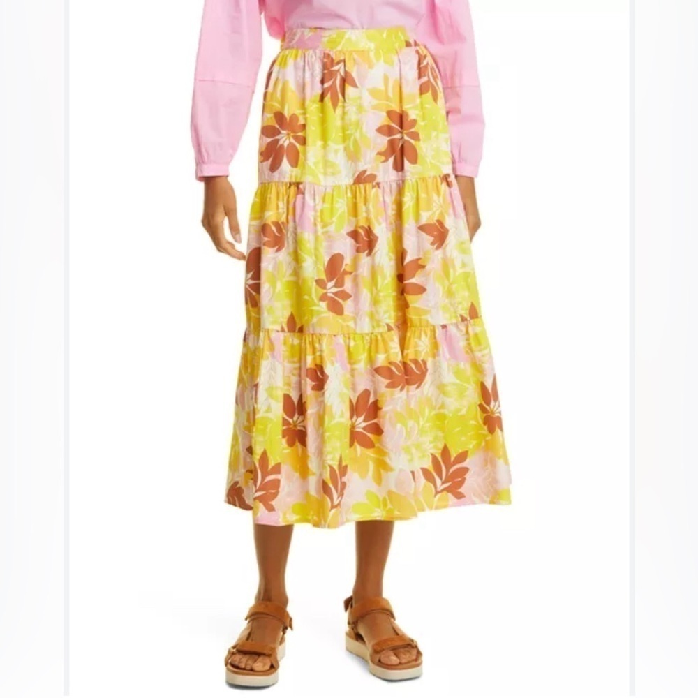 Xírena Angeline Poplin Cotton Tiered Floral Midi Skirt Pink Lemonade Size M NWT